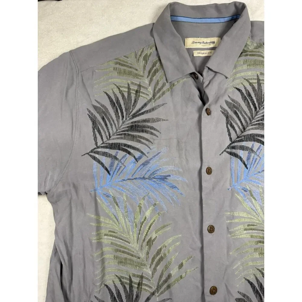 Tommy Bahama Mens XL 100% Silk Gray Palm Embroidered Hawaiian Camp Shirt
